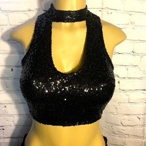 Bear Dance Black Sequin Cropped Halter Top, Sz Sm
